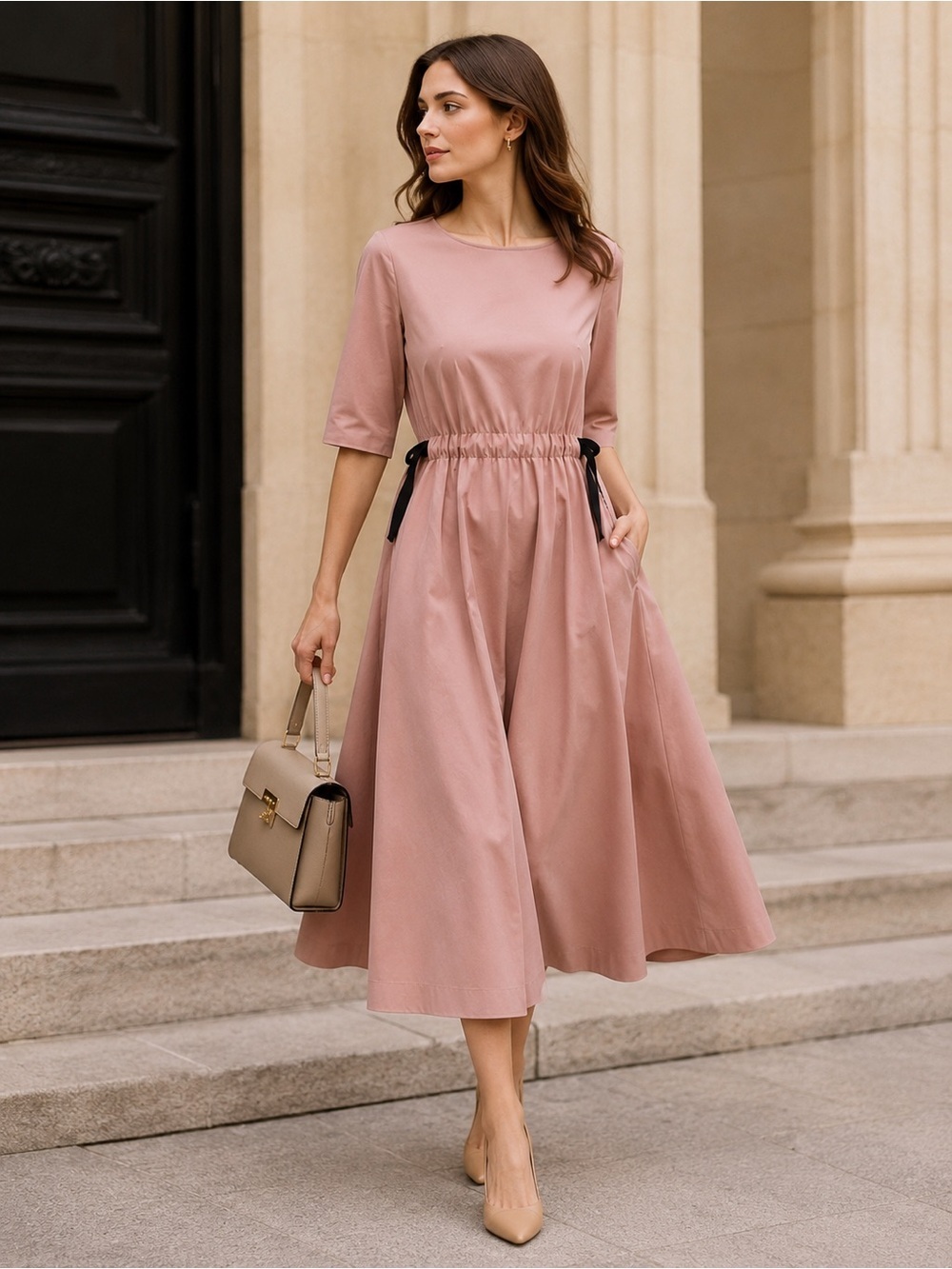 NATAN Belgium Luxury Dusty Pink Midi Dress | Size 42 | Made in Belgium